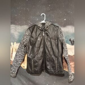 SIZE XL black pleather biker jacket with static gray fabric sleeves